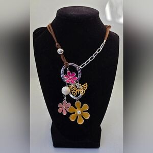 LYDELL NYC 35" - Long Faux Leather Butterfly & Flower Statement  Necklace